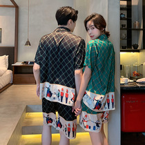 South Korea SZVA Ice Silk Couple Pajamas Women's Summer Short Sleeve Pants Silk Large Size Men's Personality Loose Home Clothes
