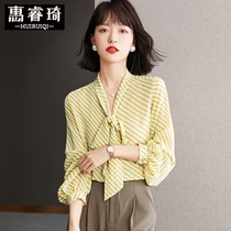Early spring 2022 New butterfly knot shirt female striped snow-shirt temperament long sleeve shirt French style loose blouse