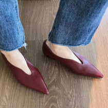 Rough heels female 2022 new temperament sexy tip shallow flat shoes female pure-colored wine red single shoes