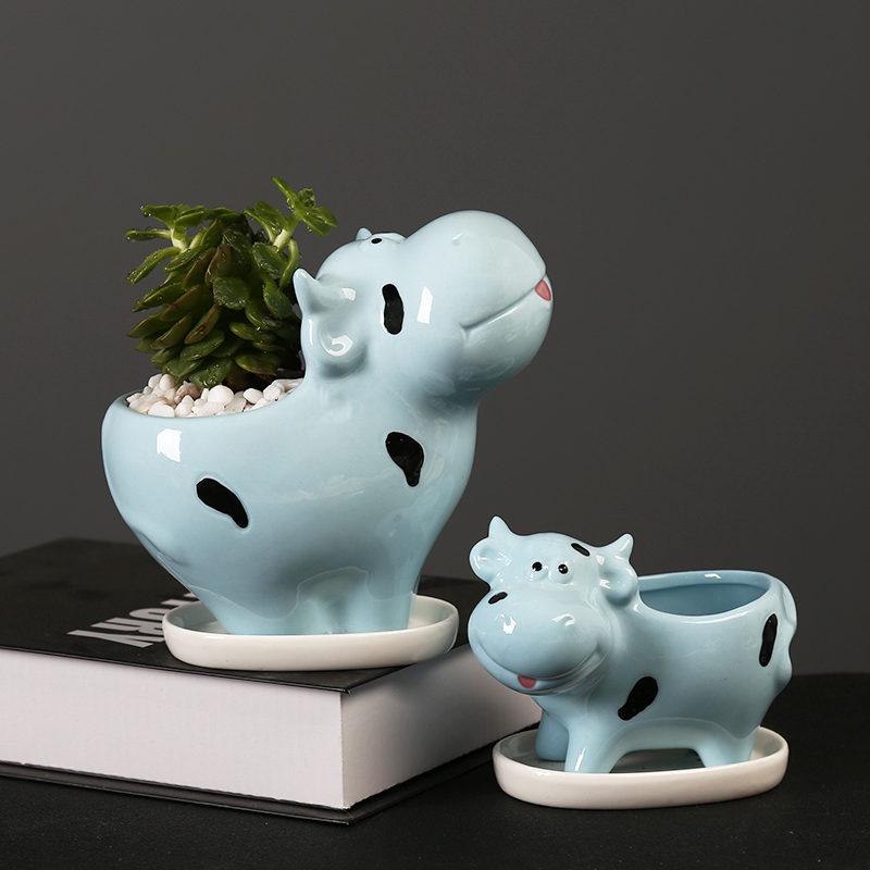 White hand - drawn cartoon animal pot with tray was small decorative the plants more meat flesh POTS, ceramic breathe freely