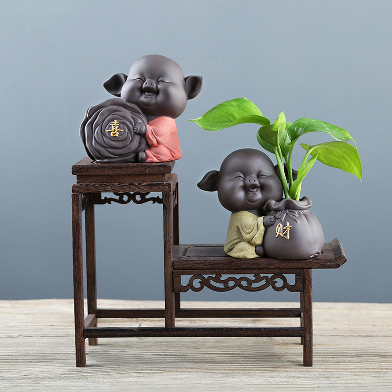 Zen ideas purple little monks mini hydroponic flower pot move desktop small place, a ceramic tea table vase