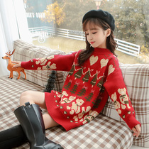 Girls red dress autumn and Winter Christmas 2021 new New Year princess sweater skirt Western style childrens middle and large children