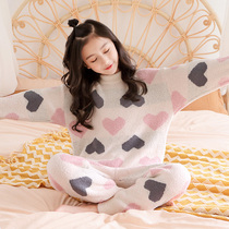 Coral velvet girls  pajamas autumn and winter 2021 new thickened flannel cute childrens plus velvet home clothes two-piece set