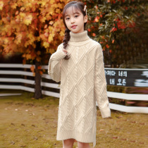  Girls  long sweater high neck Western style autumn and winter 2021 new mid-length childrens thickened new year bottoming shirt big child