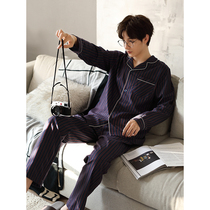 Pajamas mens spring and autumn cotton long sleeve home clothes mens autumn stripes large size can be worn outside casual cotton set
