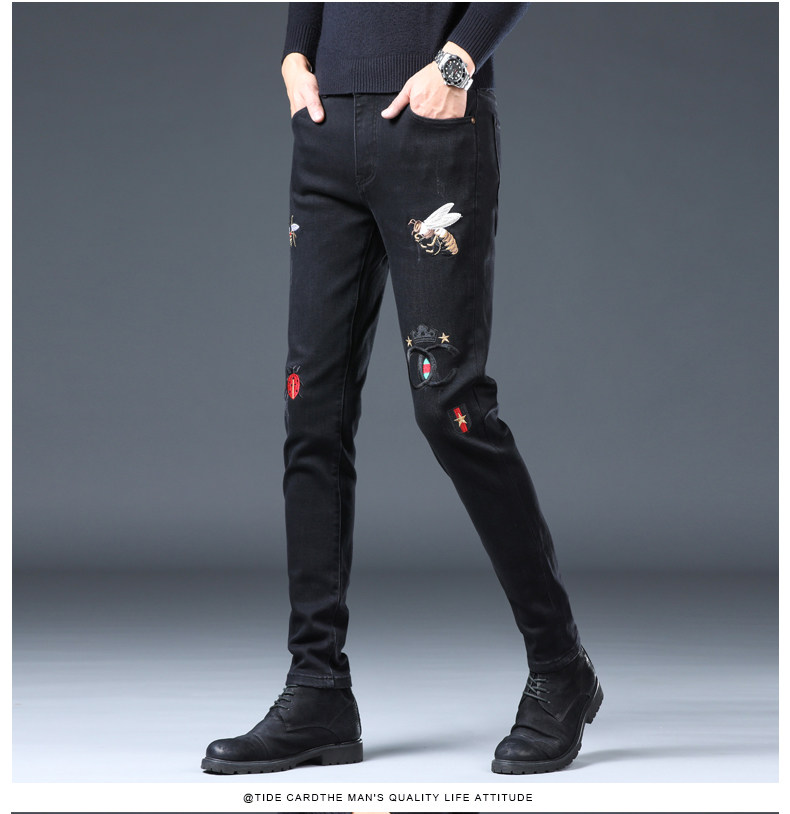 yanxu国潮刺绣牛仔裤男黑色潮牌修身小脚裤潮流弹力休闲秋冬季长裤子