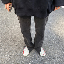 Smoke Grey Open Fork Jeans Woman Straight Drum Loose Korean version Autumn Winter Conspicuously Slim 100 Hitch Horn Tug Pants 2020 New