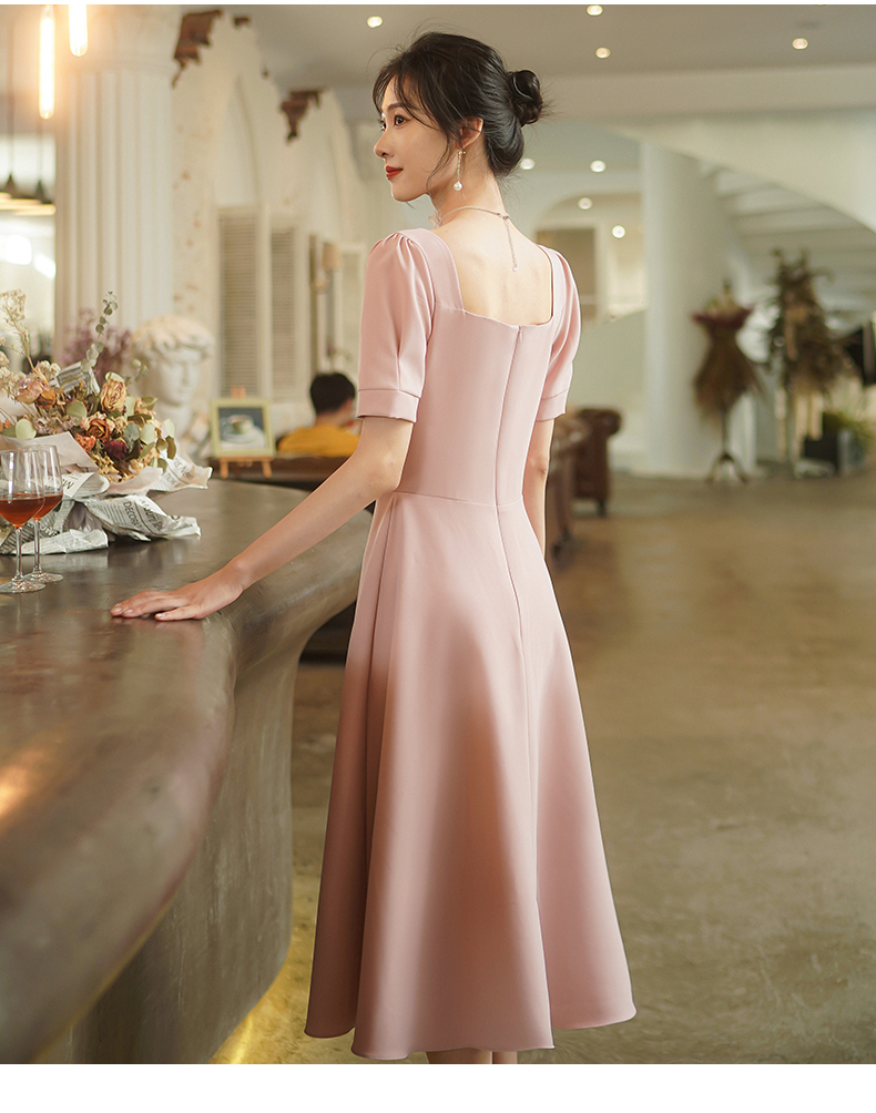 小轻礼服裙女粉色伴娘服订婚参加婚礼中长款缎面连衣裙平时可穿夏