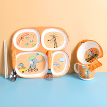 Childrens cartoon dinner plate supplementary food plate grid household baby learning to eat anti-scalding bamboo fiber fork spoon cup tableware set