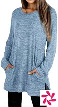 Top round neck long sleeve pocket loose mid-length split swe