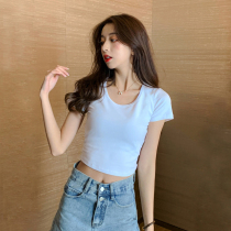 White short-sleeved t-shirt girl Xia short body pure cotton in the tide network red high-rise navel navel yellow Korean layout thin top