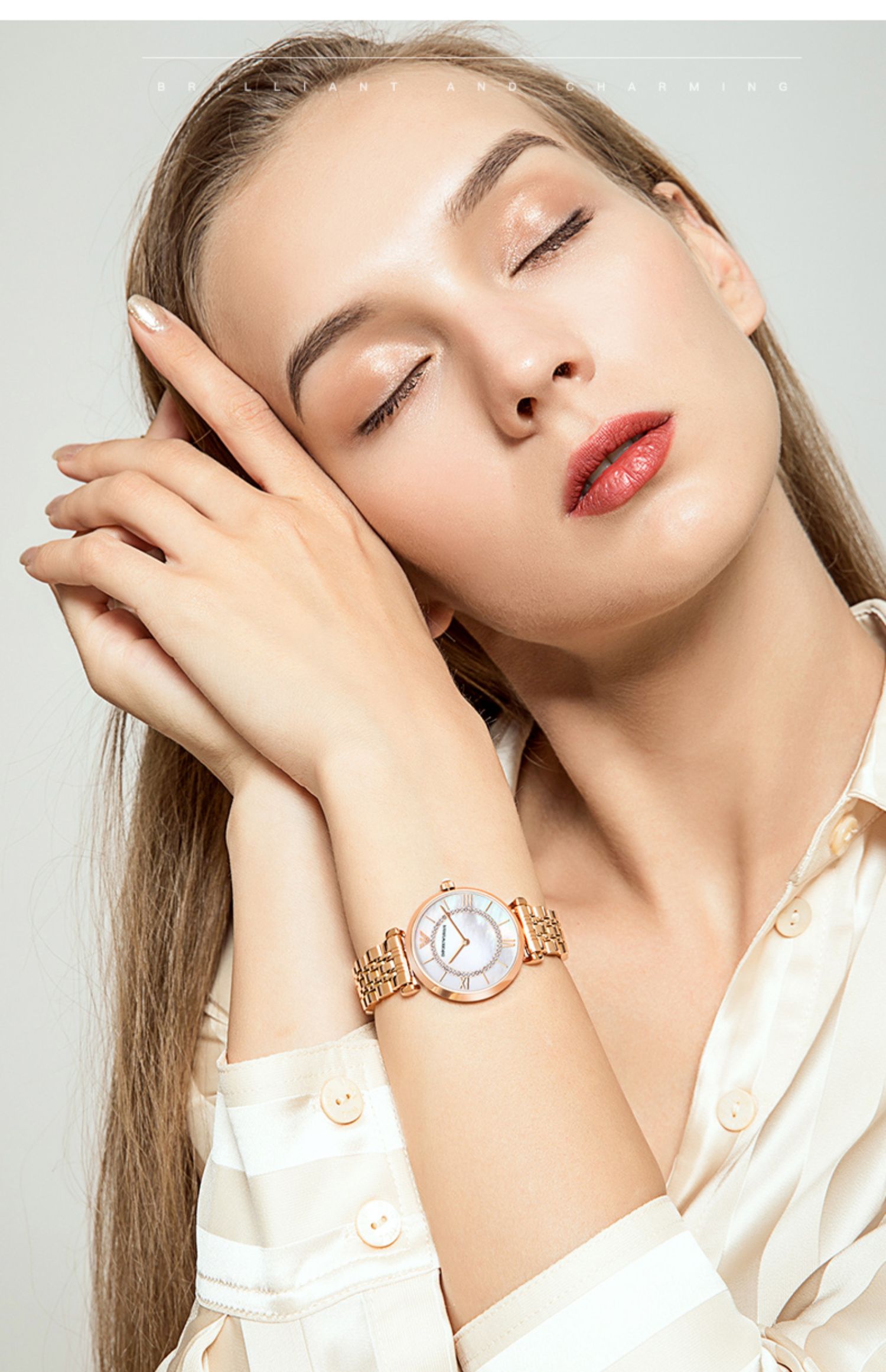 armani阿玛尼手表佟丽娅明星同款玫瑰金满天星镶钻女表ar11244