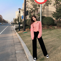 Wide leg pants womens high waist new spring clothes womens gold silk fleece pants black vertical straight pants slim Joker long pants