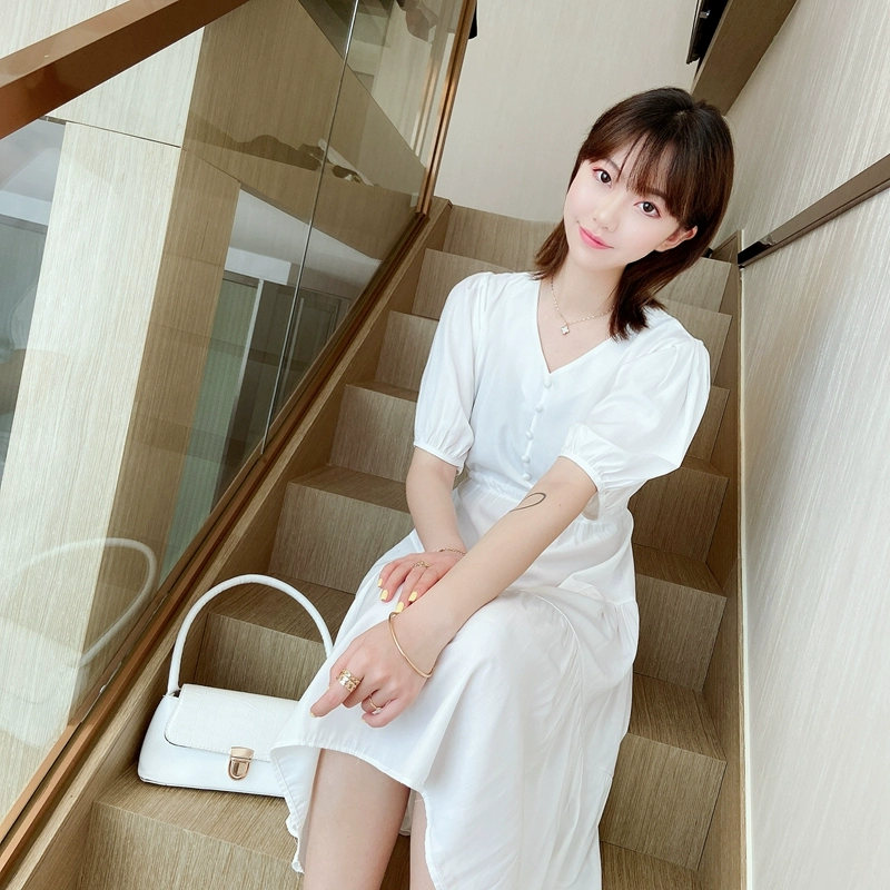 Fei Rong thắt lưng cổ chữ V rắn màu retro váy lưng cao nữ mùa hè 20 bãi biển voan mới siêu cổ tích váy dài giữa - Váy eo cao