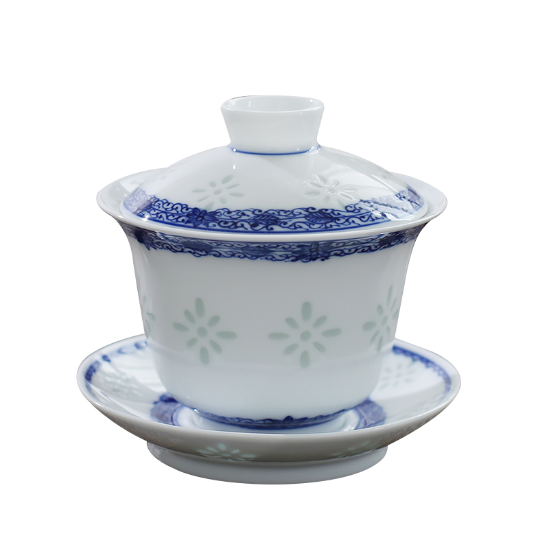 Jingdezhen up the fire which is hand draw three GaiWanCha only blue and white and exquisite porcelain cup single tea bowl of kung fu tea set