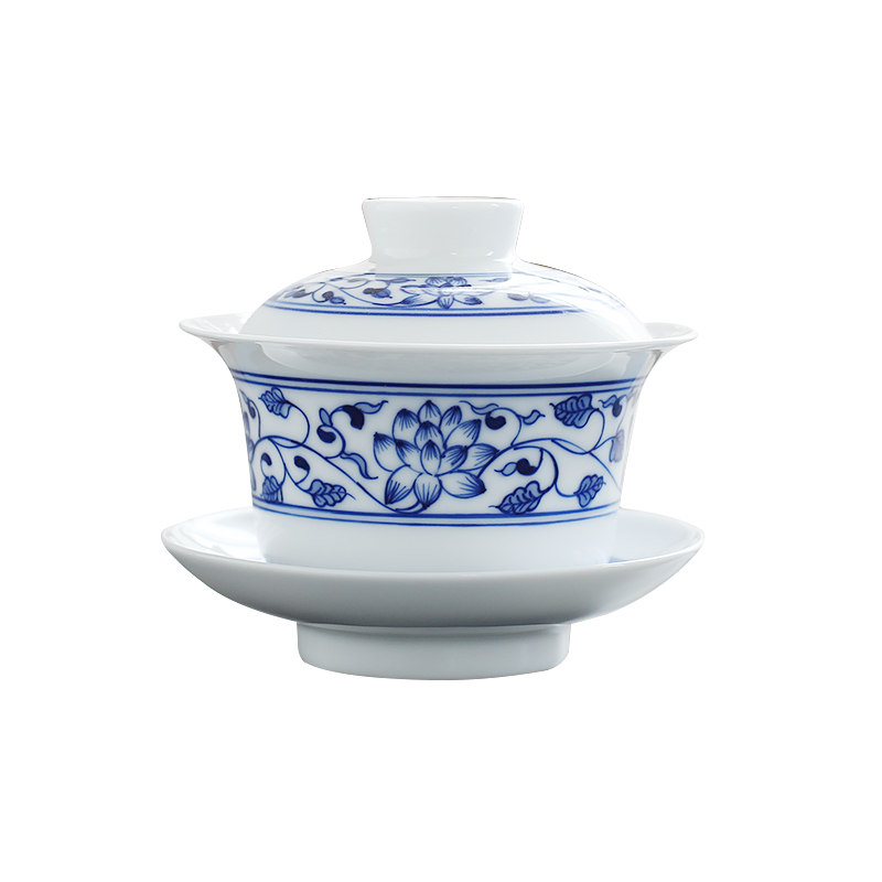 Jingdezhen up the fire which is blue and white hand - made tureen kung fu tea bowls large three cups to white ceramic bowl of household