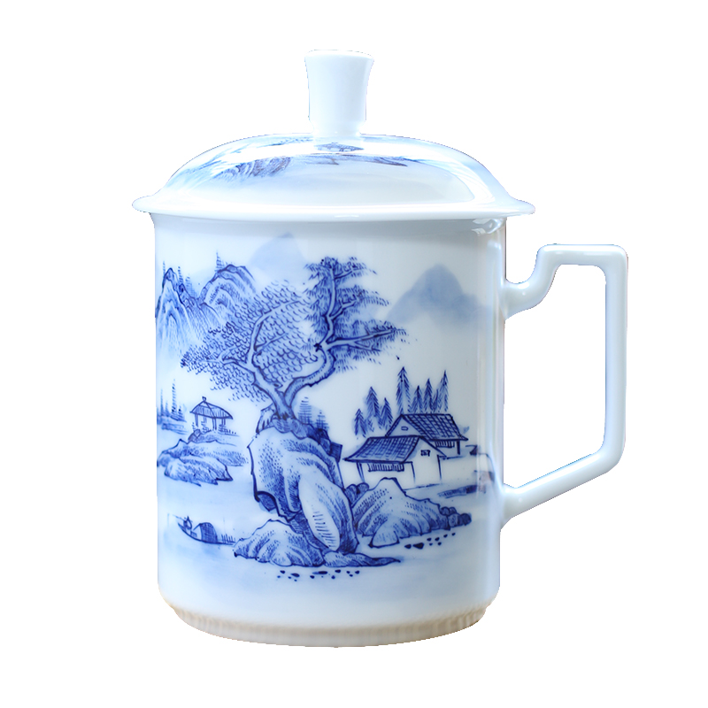 Jingdezhen up the fire which ceramic teacups hand - made scenery blue and white porcelain cup personal business office cup gift box