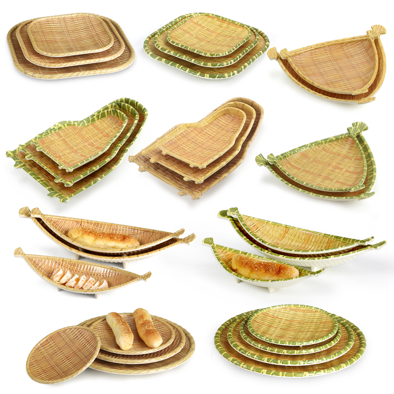 竹编纹陶瓷盘子家用餐具餐盘 创意复古圆形陶瓷盘碟子菜盘