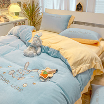 Korean-style milk velvet four-piece set small fresh coral velvet embroidery double-sided quilt cover sheet bedding winter