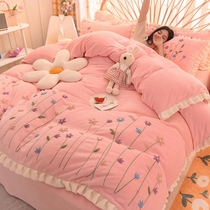 ins small fresh milk velvet four-piece set of pastoral princess style plus velvet thick embroidery bed sheet bedding