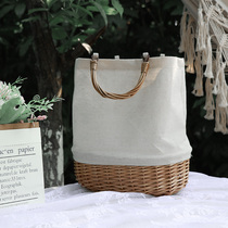 Casual canvas straw woven bag Korean ins small fresh solid color portable rattan woven bag fashion hand woven stitching bag