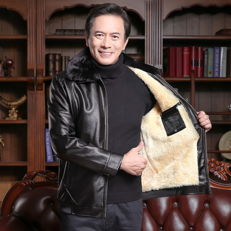 冬季新款中老年皮衣男爸爸装加绒加厚外套中年男士毛领皮夹克男