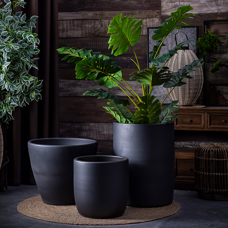 Green plant in northern black ceramic vase flowerpot I and contracted indoor plant decoration cylinder hydroponic POTS of large diameter