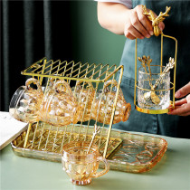 Glass set Household living room cup with cup holder Teacup European style light luxury high facial value coffee cup 6 packs