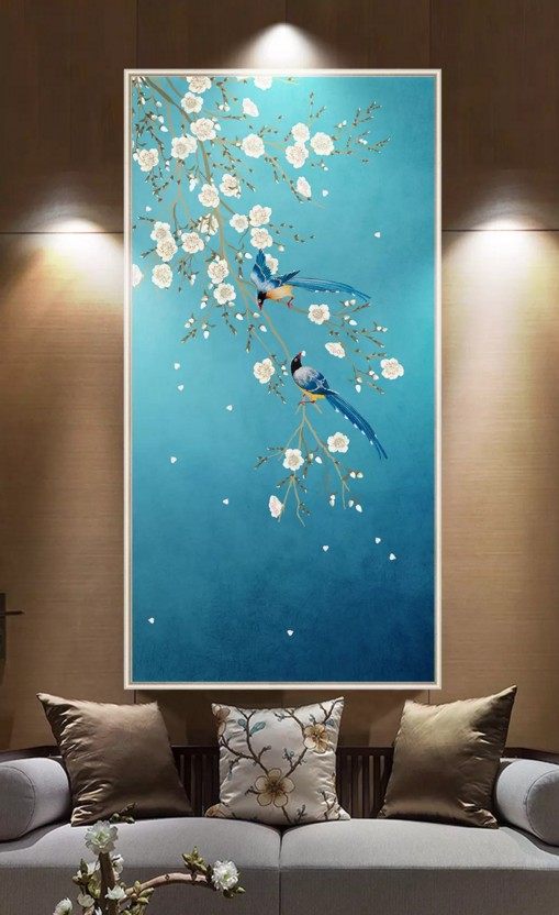 8d新中式玄关背景墙壁纸梅花别墅屏风隔断过道墙纸5d壁画花鸟墙布