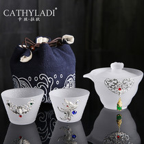 Cathyladi Travel Kung Fu Tea Set Portable one pot two cups inlaid silver glass quick cup teacup