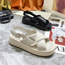 Real Leather Thick Bottom Sandals Women Fairy Wind S Chains 2022 Summer New Fetal Calf Leather Pine pastry Rome Beach Shoe