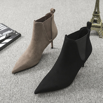European Station Women Shoes 2022 Fall New European Goods Genuine Leather Gush Custard Fine Heel High Heel Chelsea Boots Short Boots Woman