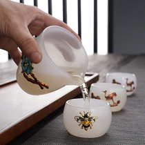 Sheep fat jade porcelain tea set set Household simple tea cover bowl Teapot cup Enamel color inlaid silver set Kung Fu tea set