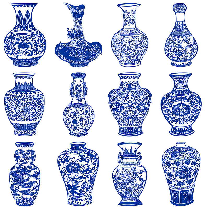 青花瓷花瓶剪纸图案黑白打印底稿12张高清中国风手工刻纸图样素材| 景德镇名瓷在线