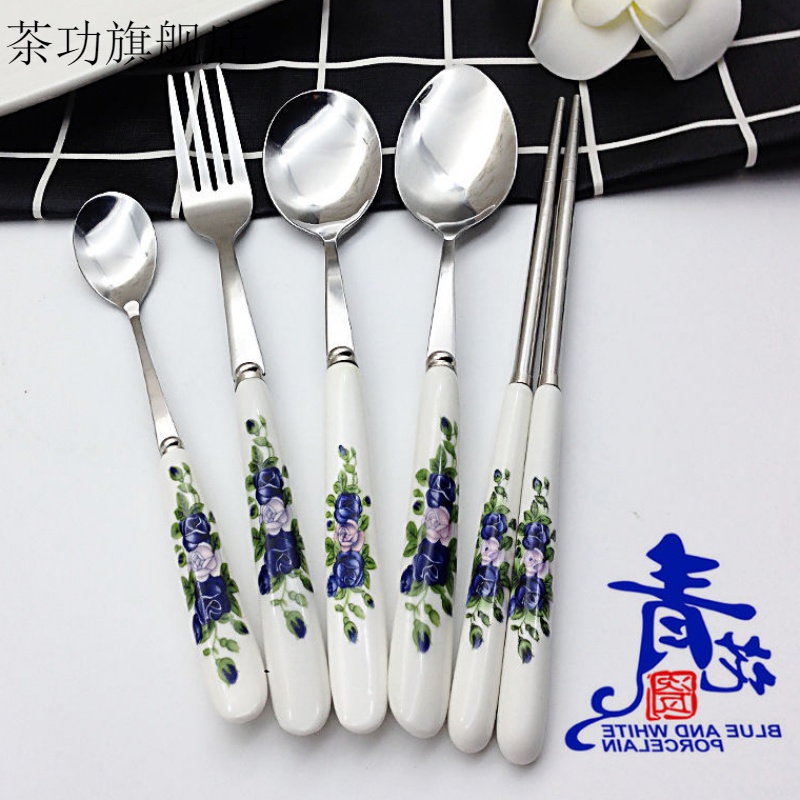Creative household ceramics stainless steel handle portable chopsticks spoons spoon, spoon, spoon, ladle suit adult students