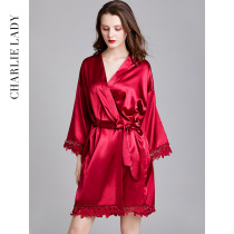 Spring and Autumn nightgown female ice silk red wedding pajamas Summer newlywed sexy bathrobe Silk brides morning robe of the year of life