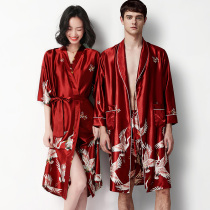 Couple pajama suit Ice silk sexy red nightgown Wedding newlywed silk two-piece set Spring and Autumn life bathrobe