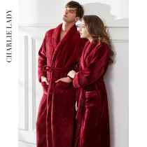 Autumn and winter flannel pajamas Female long nightgown Red wedding bathrobe thick coral velvet male couple bridal morning gown