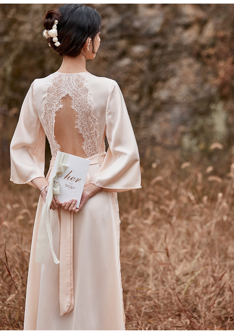 婚礼晨袍女新娘蕾丝露背性感法式感婚礼伴娘服伴手礼红色睡衣