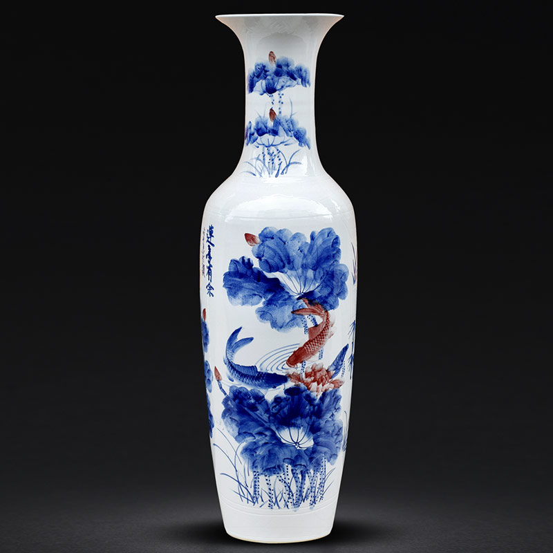 Jingdezhen ceramics landing fish large vases, hand - made lotus sitting room of Chinese style household furnishing articles ornaments flower arrangement