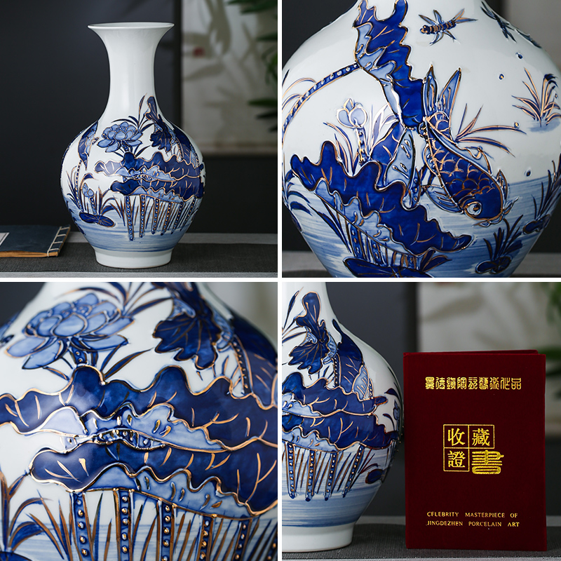 Jingdezhen chinaware paint hand - made embossed lotus of blue and white porcelain vase household adornment handicraft furnishing articles sitting room