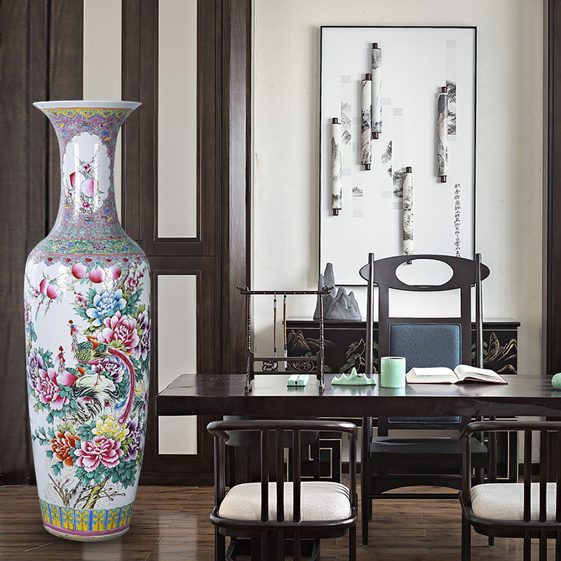 Jingdezhen ceramics landing large vases, hand - made pastel phoenix peony home furnishing articles furnishing articles Chinese style living room