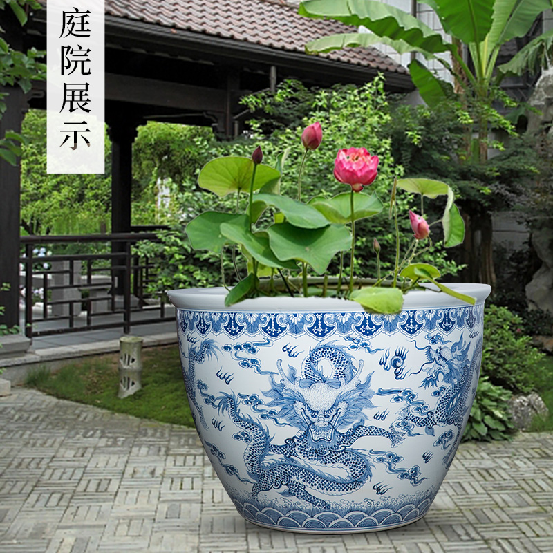 Jingdezhen blue and white dragon aquarium ceramic hand - made courtyard sitting room be born king turtle water lily cylinder furnishing articles