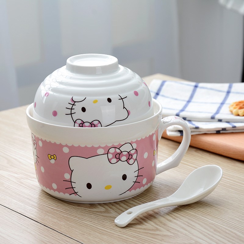 Students noodles in soup bowl with cover with ceramic sealed the trumpet cartoon to microwave spoon bean cup noodles lunch box.