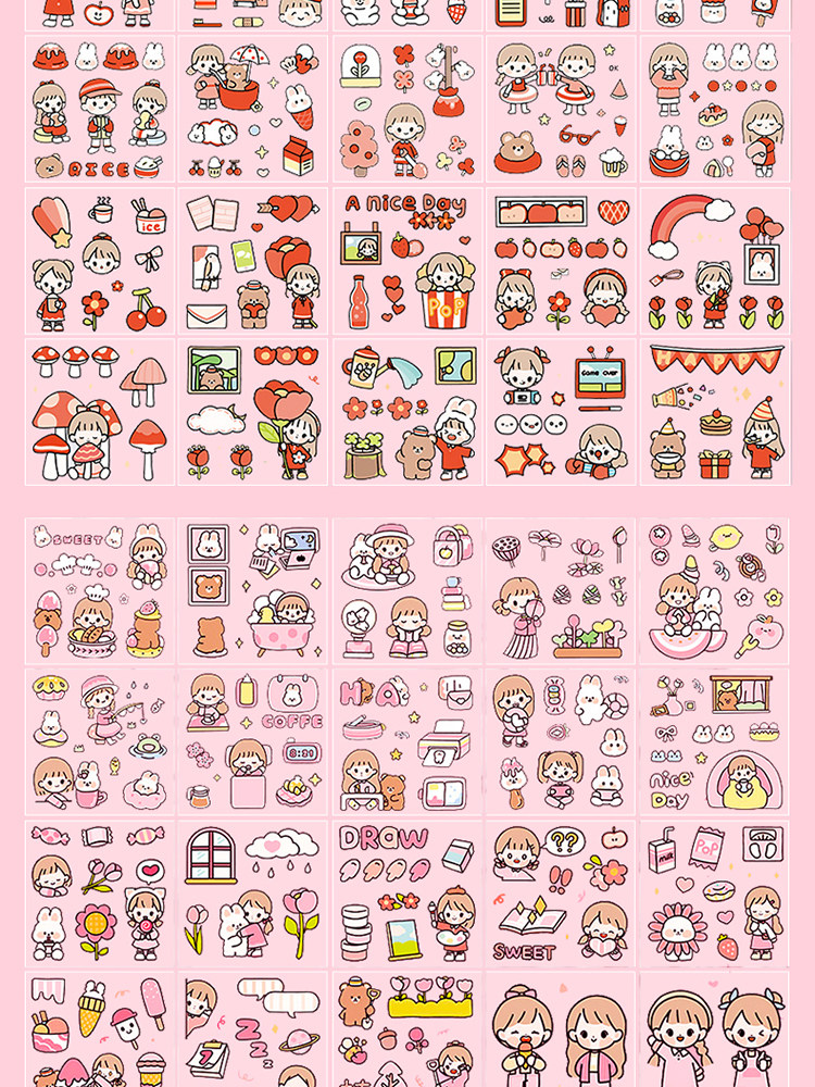 100张卡通贴纸无痕手账贴画套装小学生少女心女孩儿童可爱手杖贴