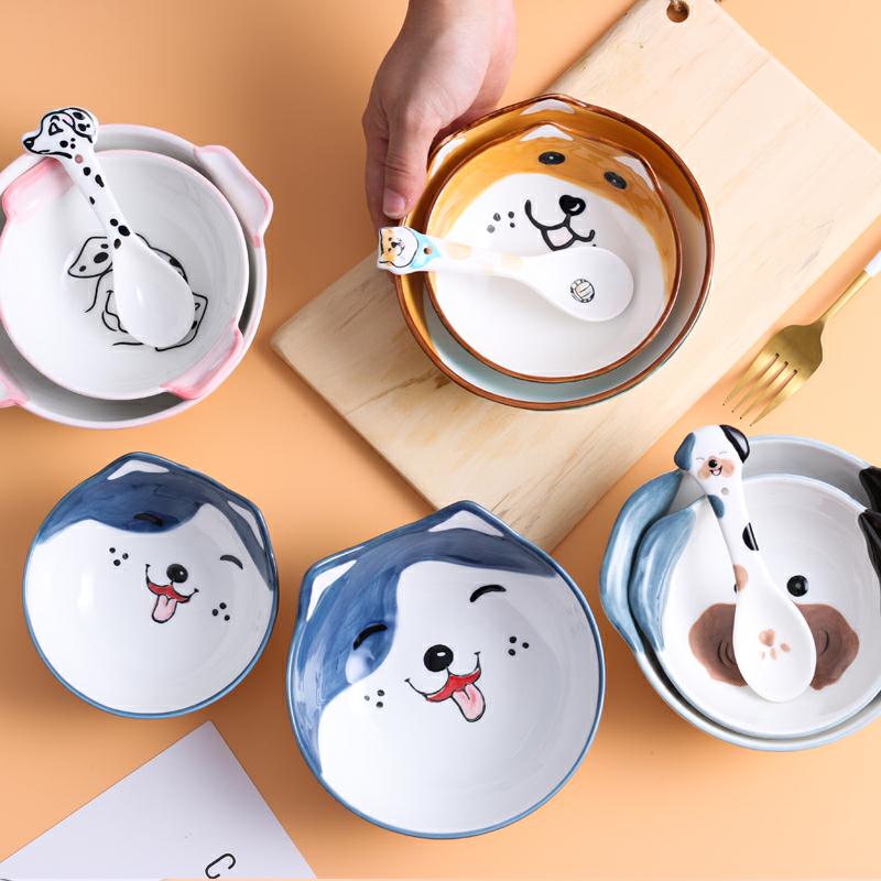 Dogs eat rice bowl series cartoon hand - made ceramic dishes spoon set tableware Korean household and lovely move trend