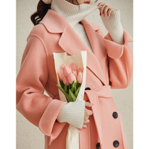 Pink high-end double-sided cashmere coat womens long 2021 New Hepburn style thickened autumn winter woolen coat