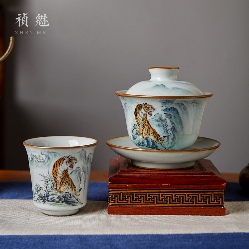 Shot incarnate your up hand - made the tiger only three tureen jingdezhen ceramic kung fu tea tea bowl cover open tablets