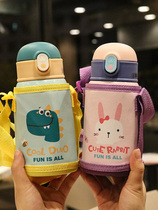 Childrens thermos cup with straws 316 stainless steel anti-drop pupils kettle carrying Cute kindergarten drinking cup