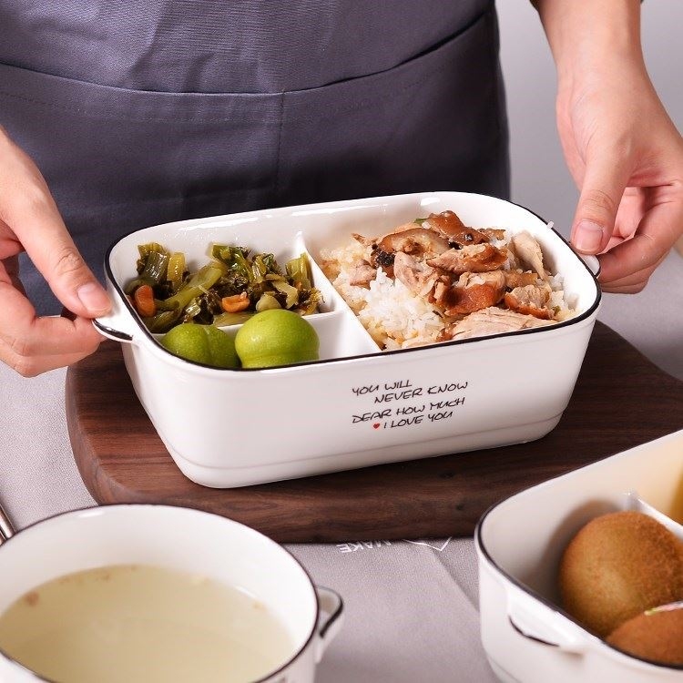 With cover space ceramic lunch box, the microwave for two or three points bento lunch box rectangle sealing bowl